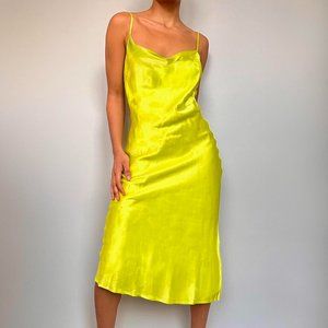BARDOT satin cowl midi dress in a chartreuse